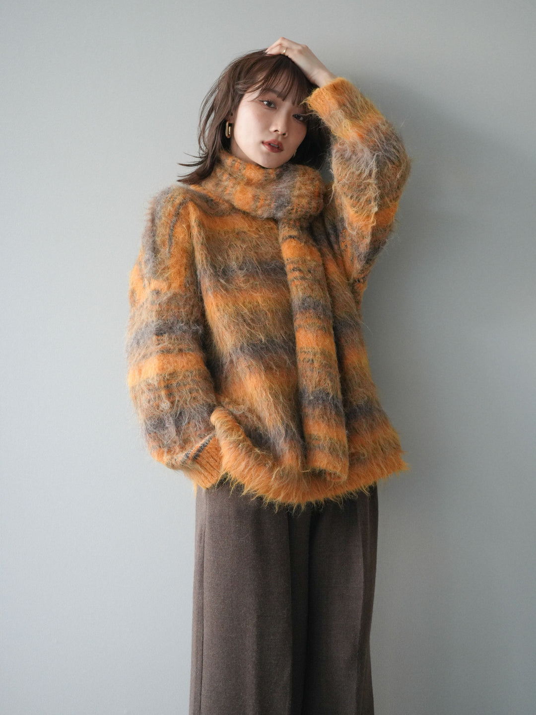 [予約]ストール付シャギーマルチボーダーニットプルオーバー/yellow