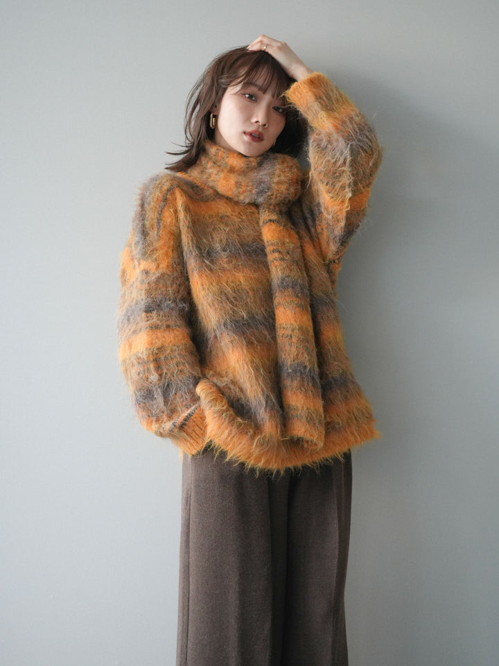 [予約]ストール付シャギーマルチボーダーニットプルオーバー/yellow