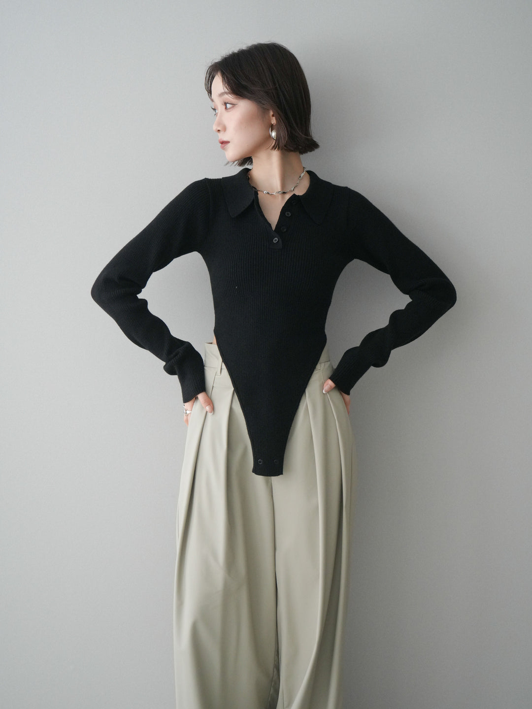 [予約]リブポロニットボディスーツ/black