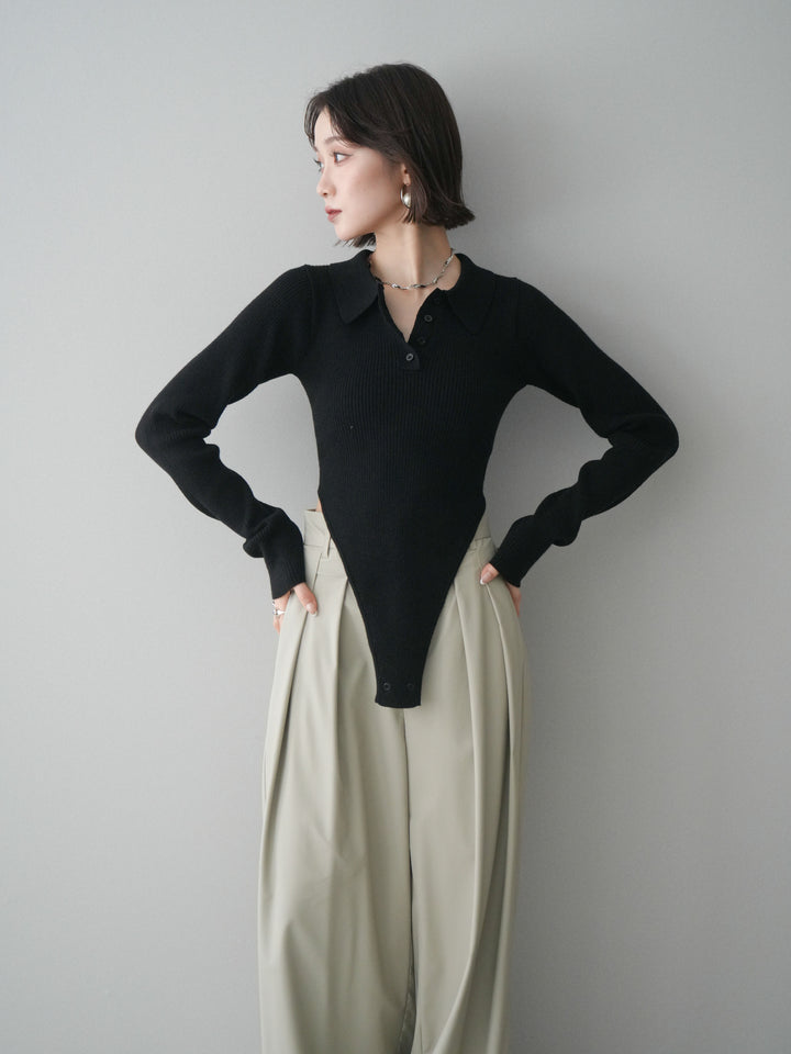 [予約]リブポロニットボディスーツ/black