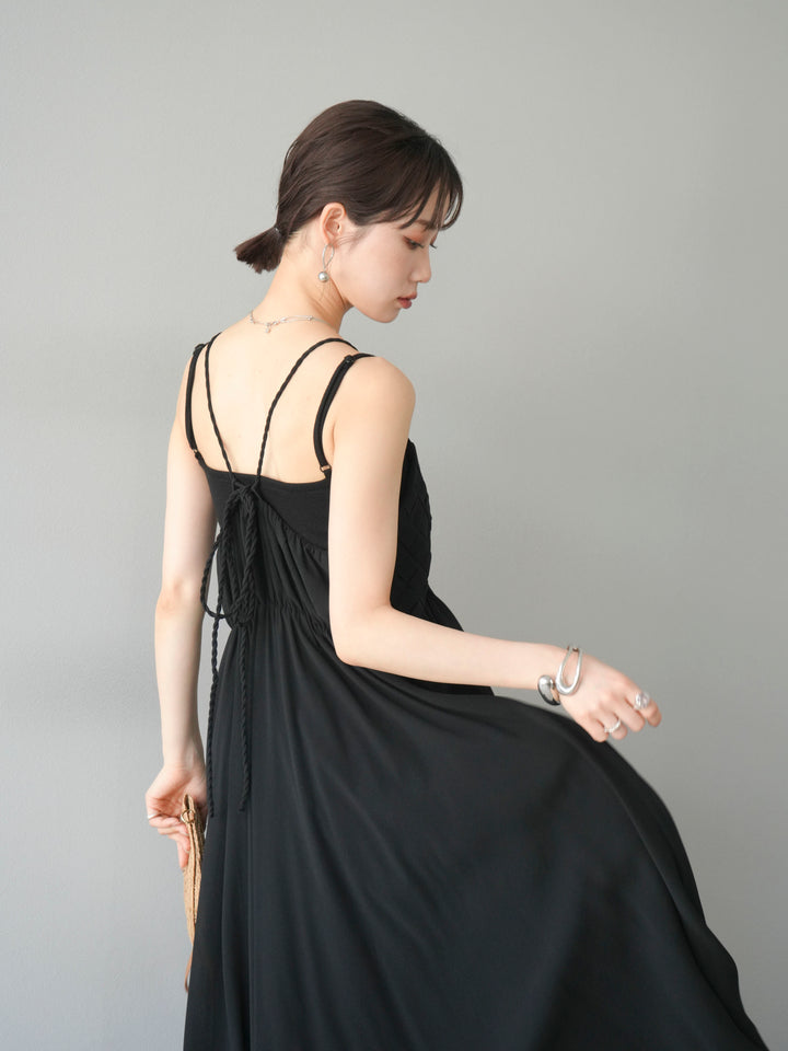 [SET]編み込みデザインシフォンワンピース+カップ付テレコリブベアキャミソール(2set)