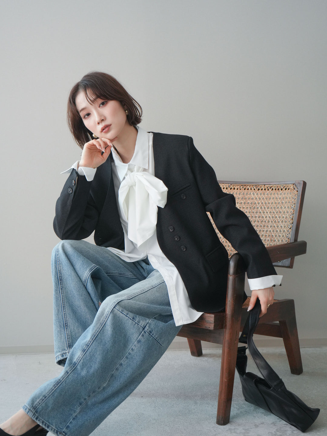 [SET]ノーカラージャケット+ボウタイ付オーバーシャツ(2set)