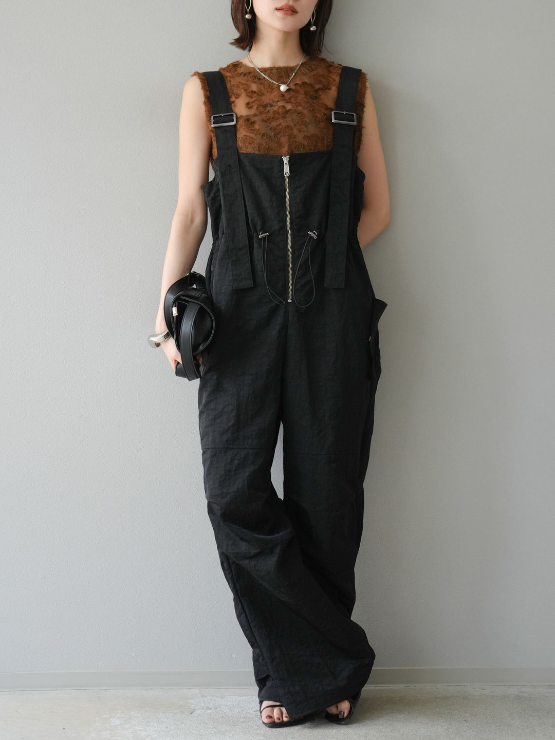 [予約]ナイロンタックデザインサロペット/ブラック