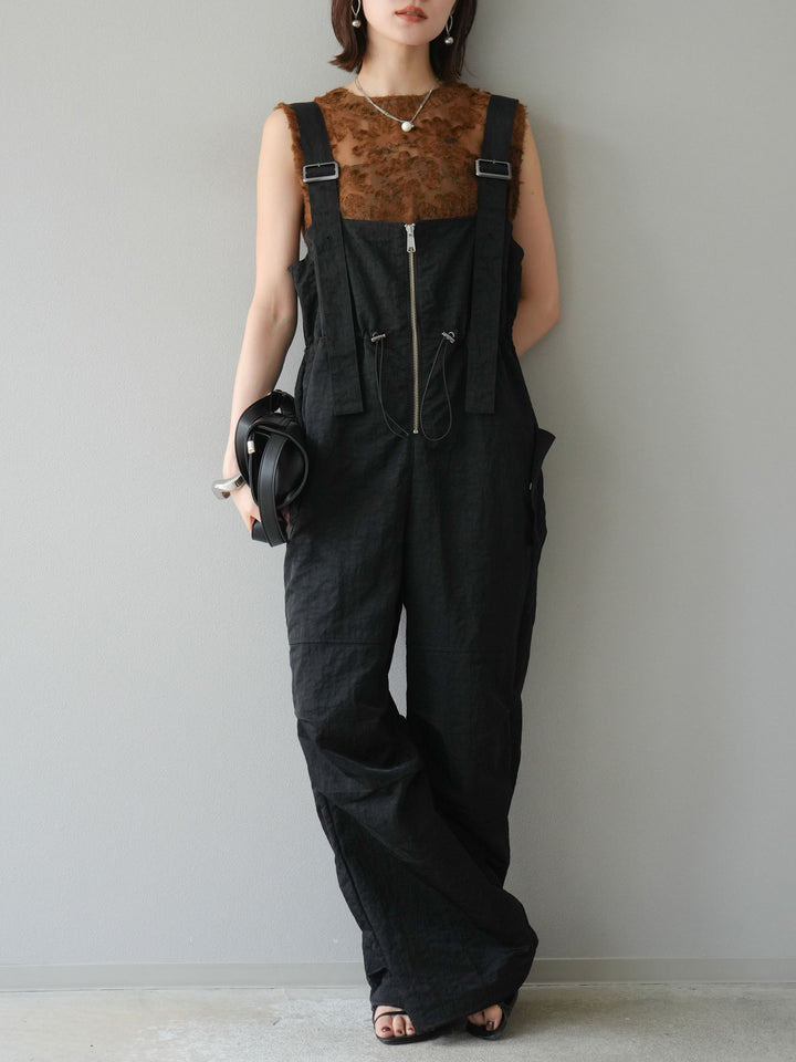 [予約]ナイロンタックデザインサロペット/ブラック