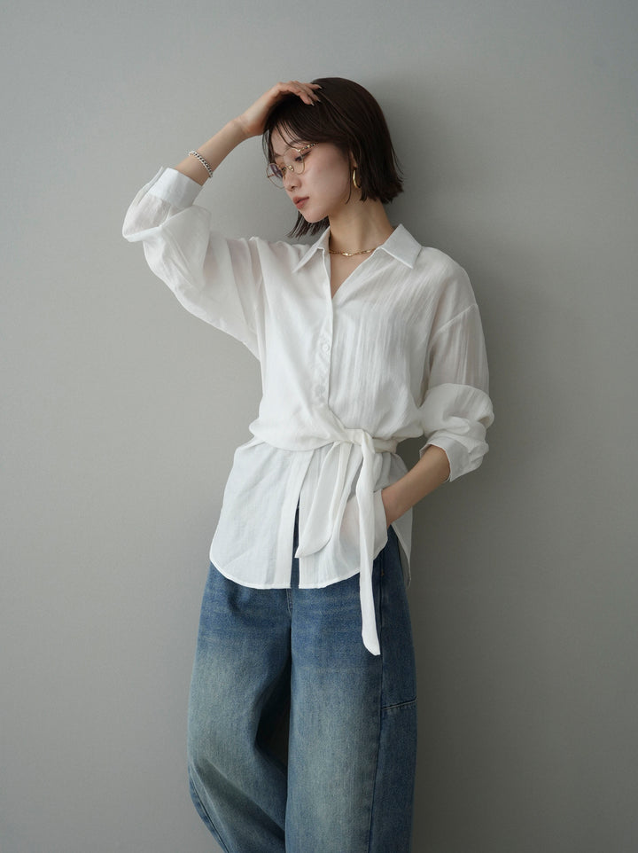 [SET]フロントアシンメトリーブラウス+アシメデザインワイドデニムパンツ(2set)