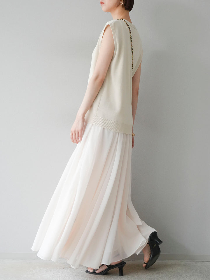 [SET] V領人造絲針織背心+雪紡喇叭裙（2件組）