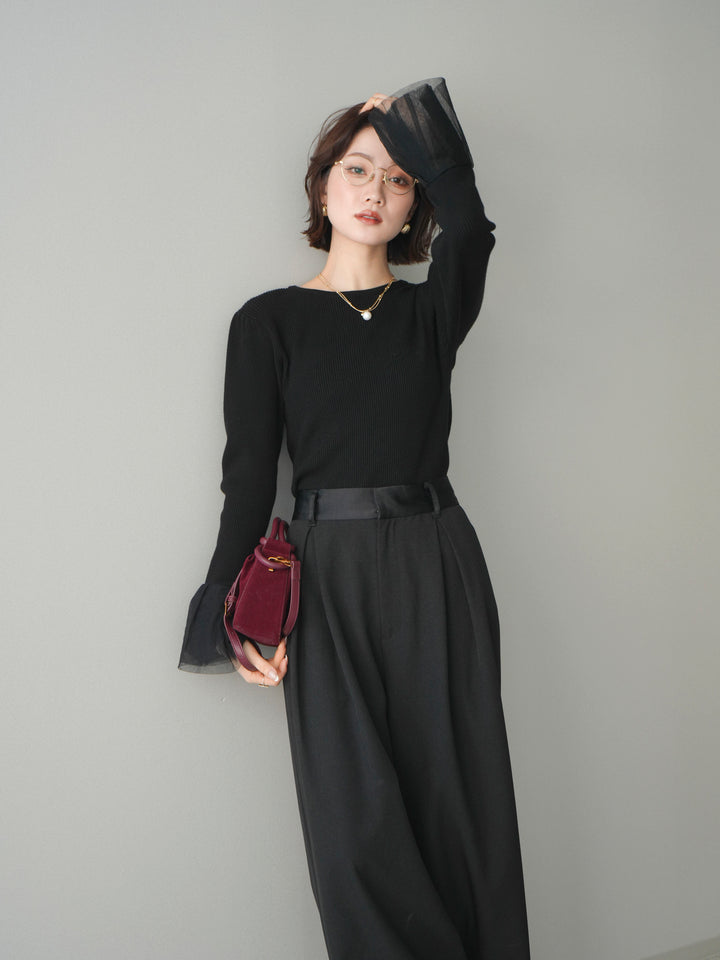 [SET]袖チュールパワショルリブニットトップス+選べるアクセセット(2set)