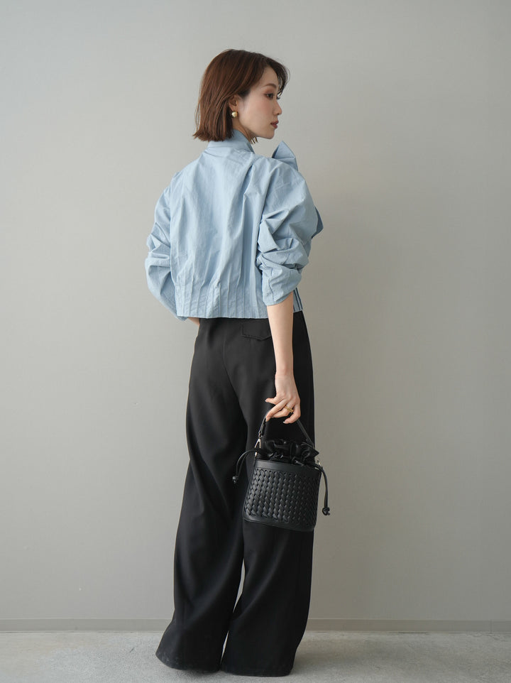 [SET]ボウタイ裾プリーツライトジャケット+ベルト付キーホルダーモチーフワイドパンツ(2set)