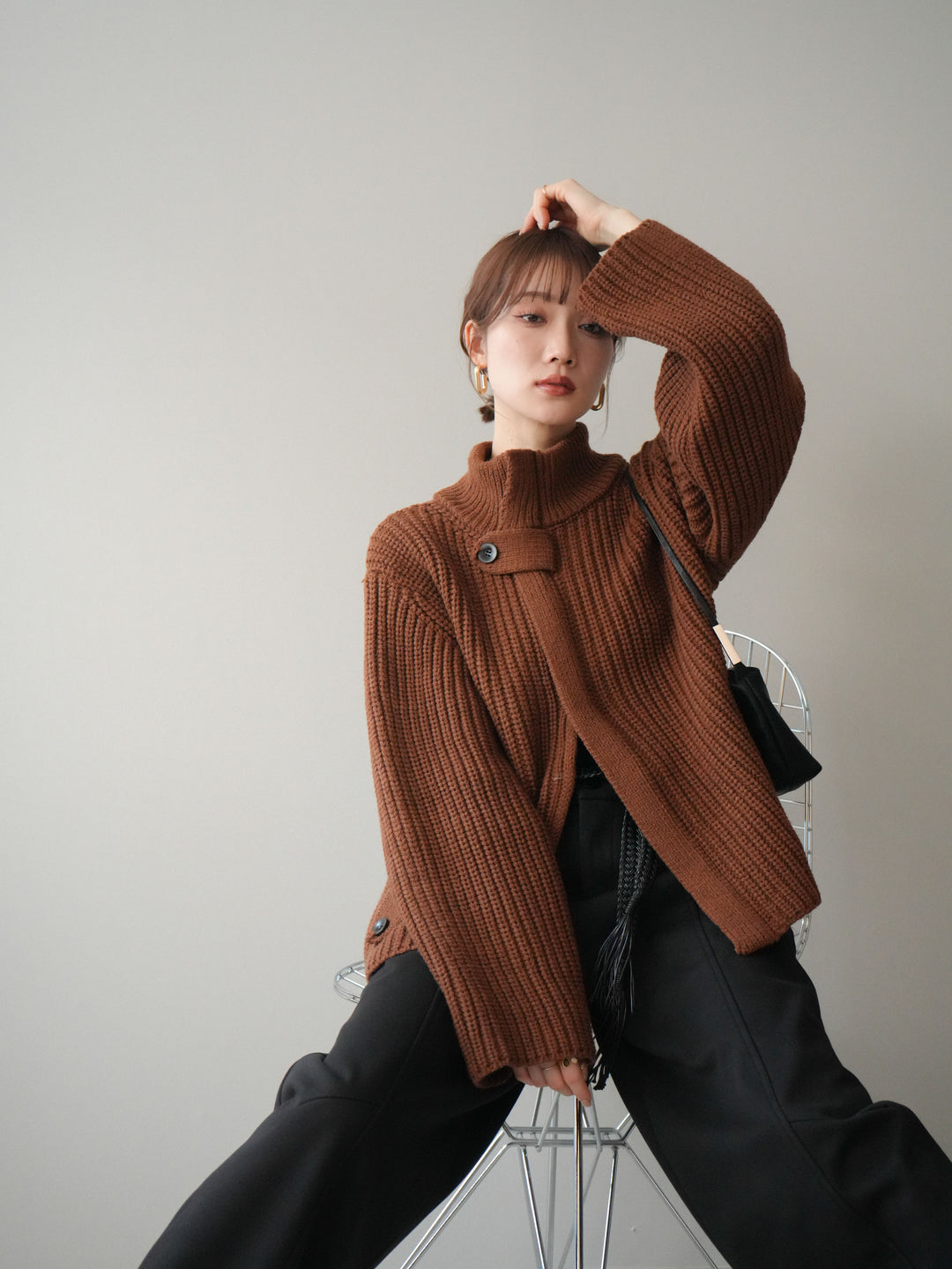 [SET]畦編みボトルネックZIPニットカーディガン+選べるアクセセット(2set)