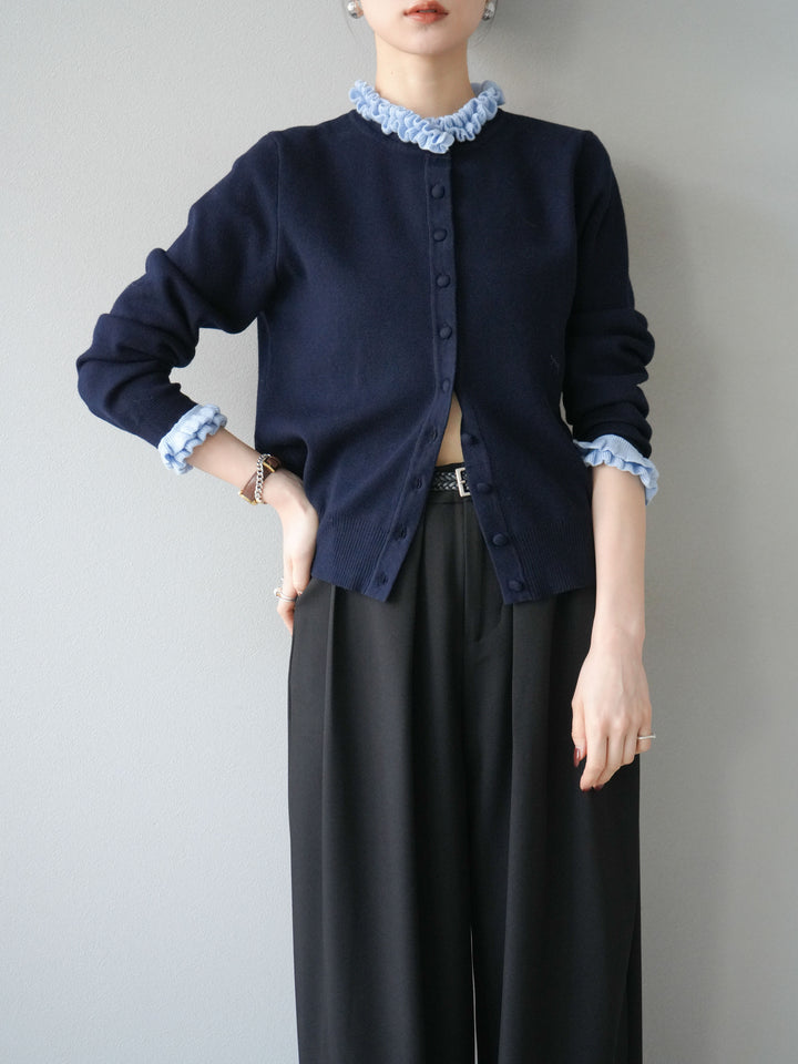 [予約]フリルデザインコンパクトニットカーディガン/ネイビー