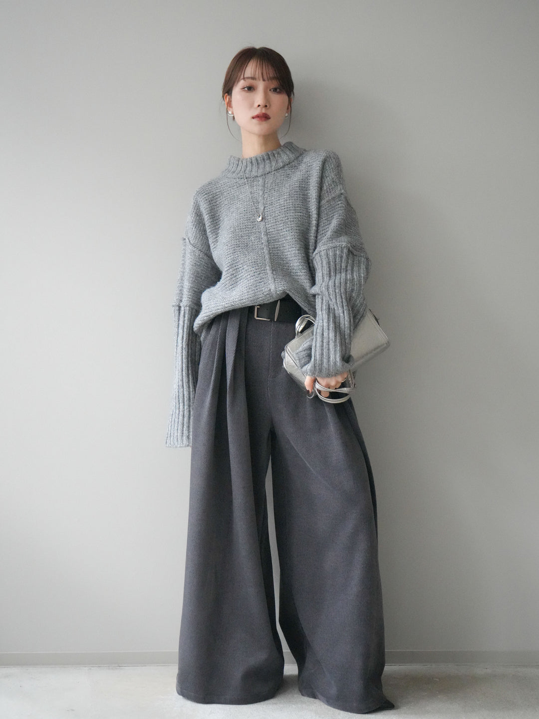 [予約]ベルトデザインループコールテンワイドパンツ(ベルト付き)/charcoal