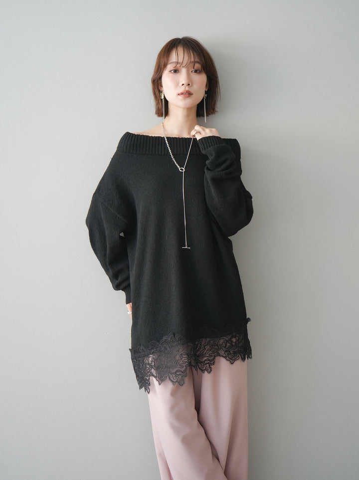 [SET]アシンメトリーレースヘムニットプルオーバー+選べるアクセセット(2set)