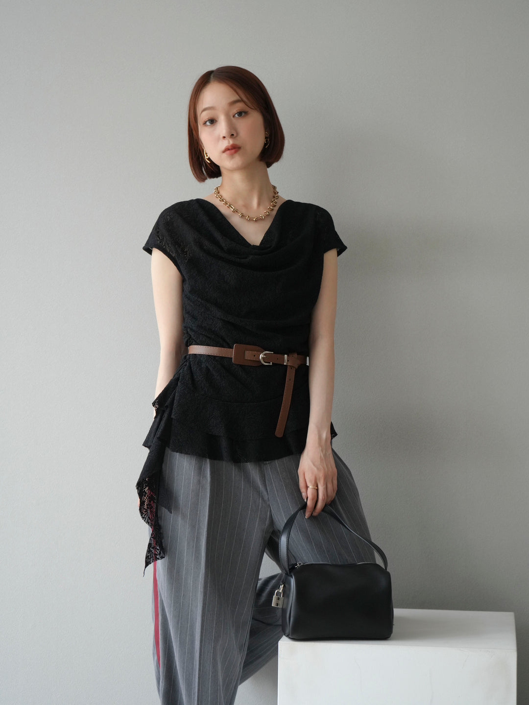 [予約]サイドラインストライプワイドパンツ/グレー