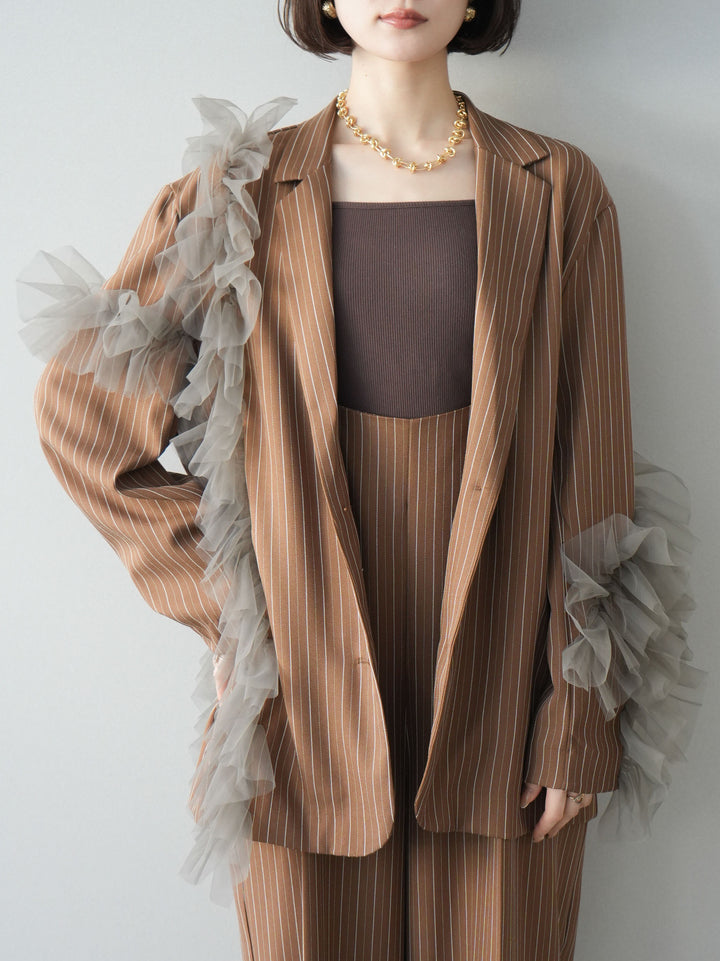 [予約]アシンメトリーチュールストライプジャケット/goldbrown