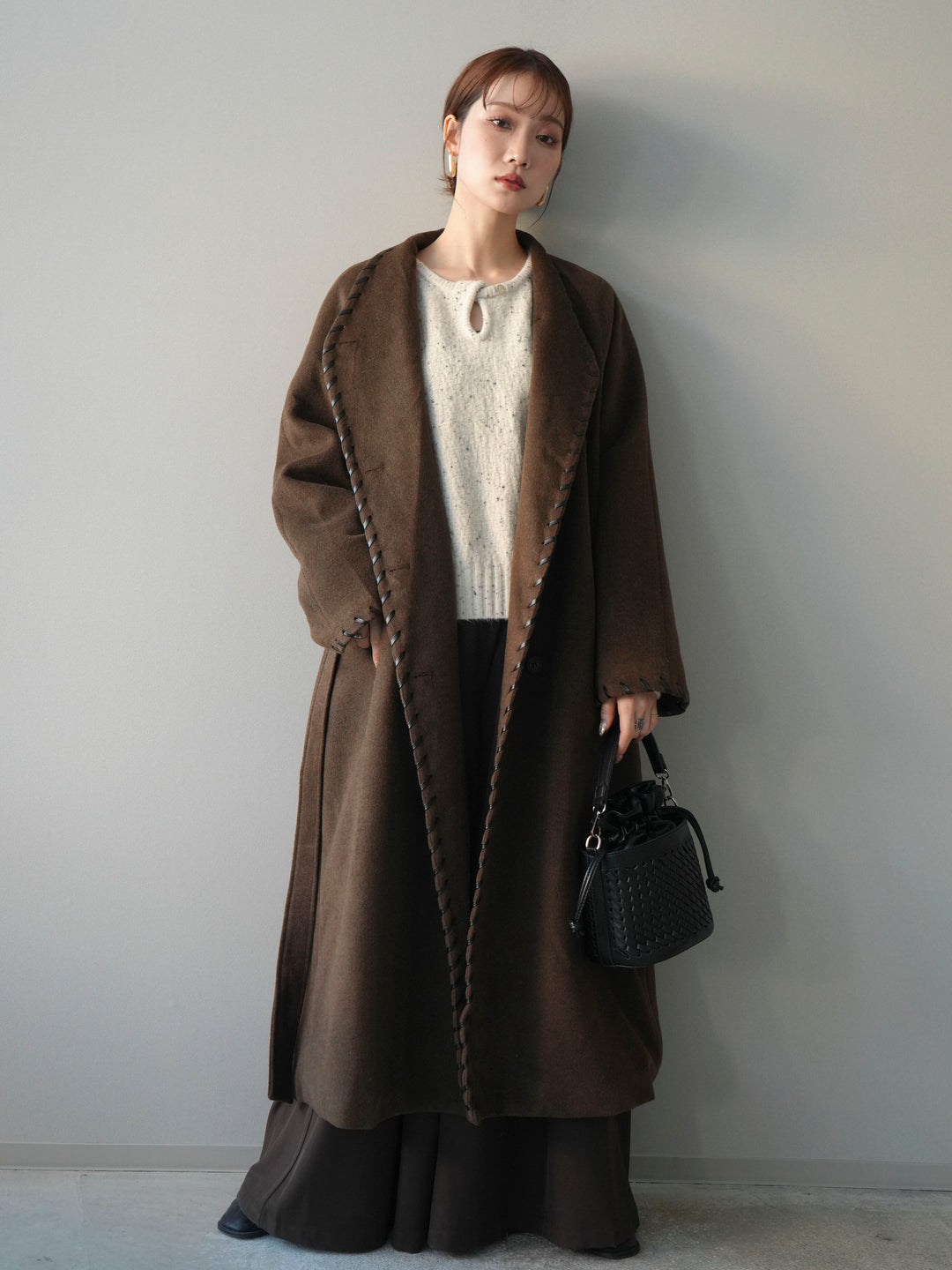 [SET]ハンドステッチ裏中綿ロングコート+テープベルトタックバギーパンツ(2set)