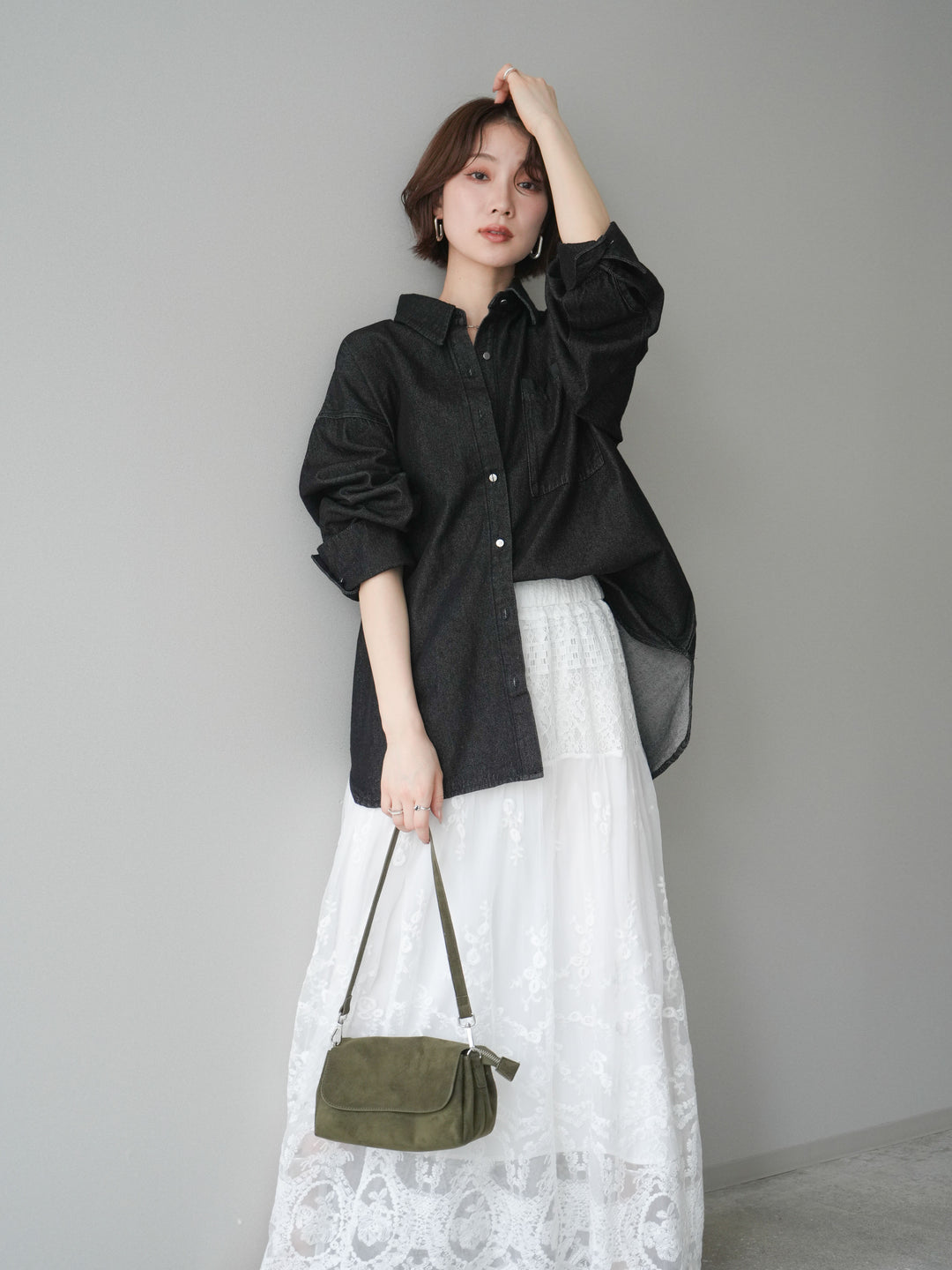 [予約]ポイントレザーオーバーデニムシャツ/black