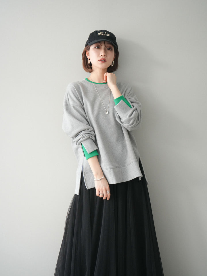 [SET]配色レイヤードデザインスエットプルオーバー+チュールボリュームスカート(2set)