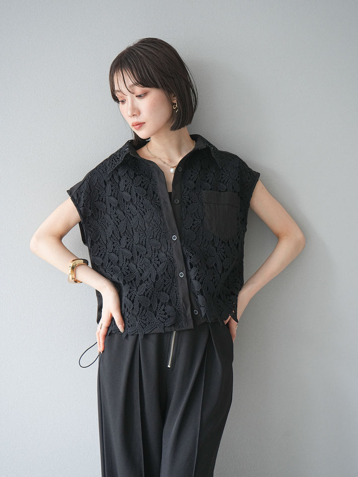 【預購】蕾絲分層抽繩襯衫/黑色