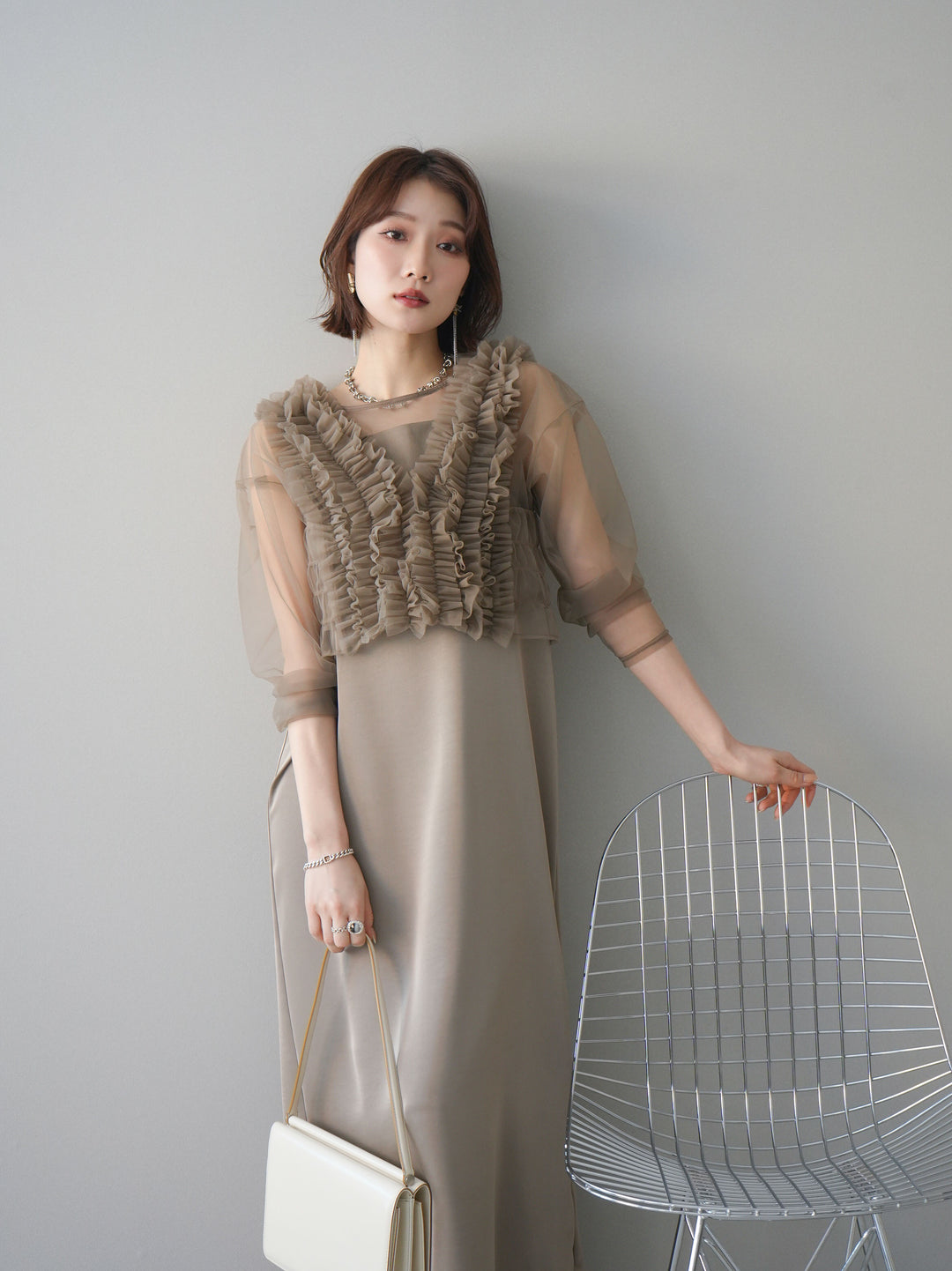 [予約]チュールフリルアンサンブルキャミソールドレス 3点SET/beige