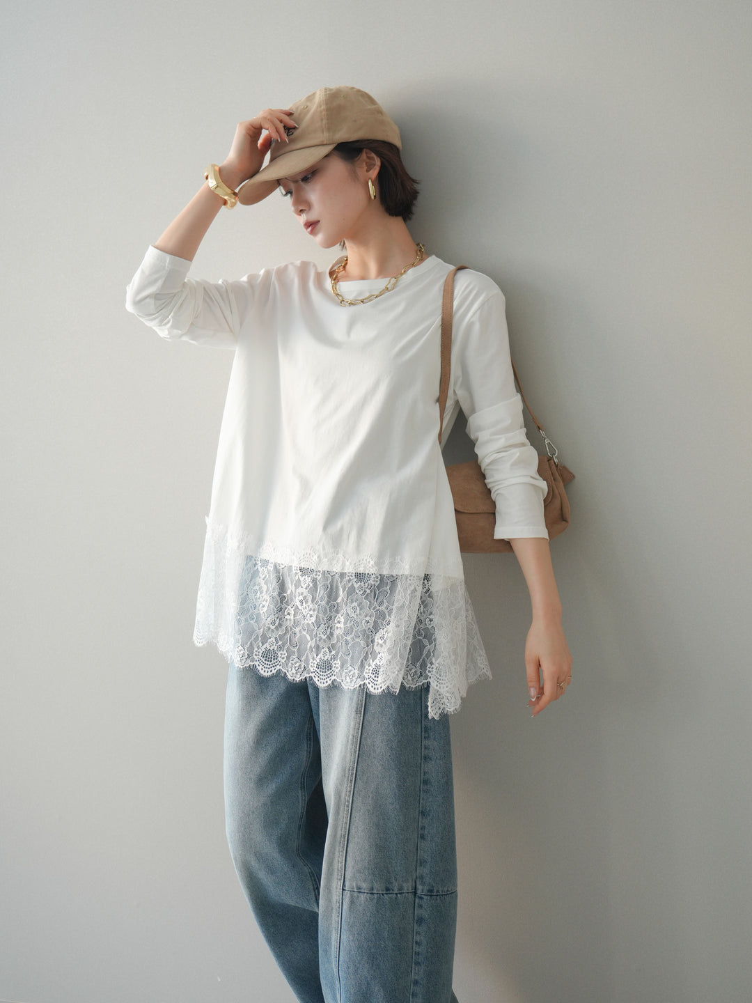 [SET]裾レースロングスリーブTシャツ+選べるアクセセット(2set)
