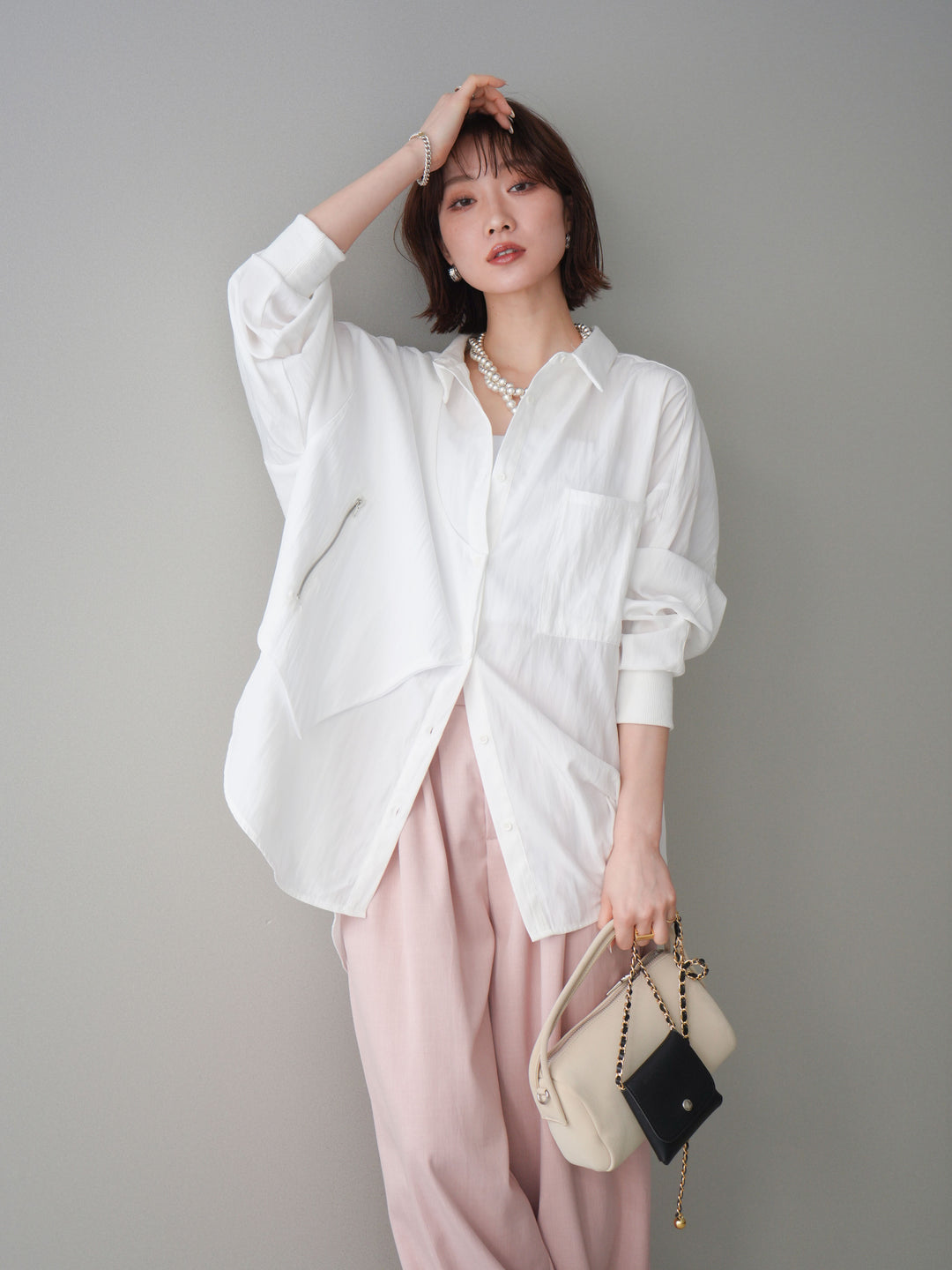 [予約]リブカフスアシンメトリーZIPデザインオーバーシャツ/offwhite