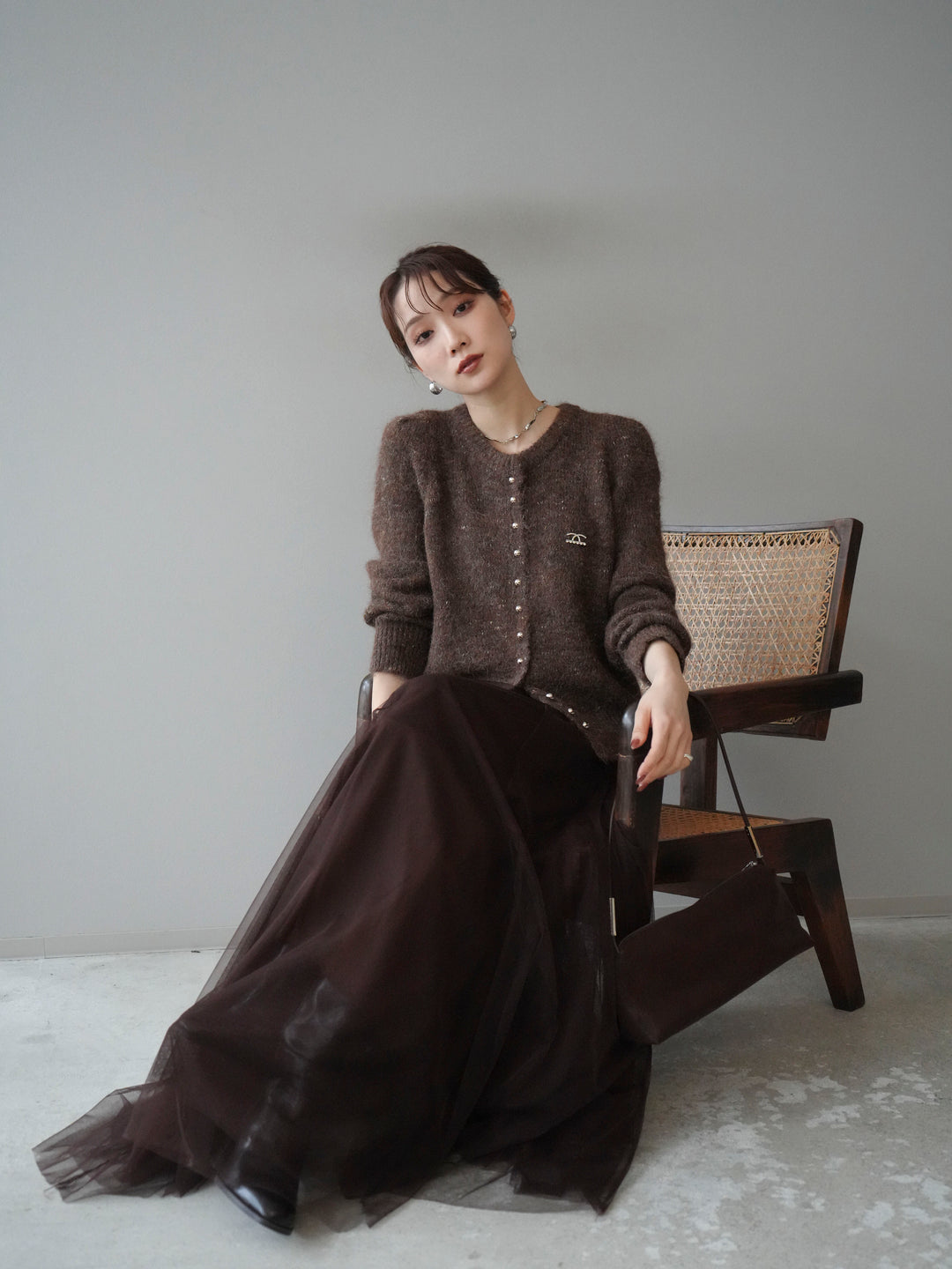 [予約]ブローチ付silverボタンミックスニットカーディガン/brown