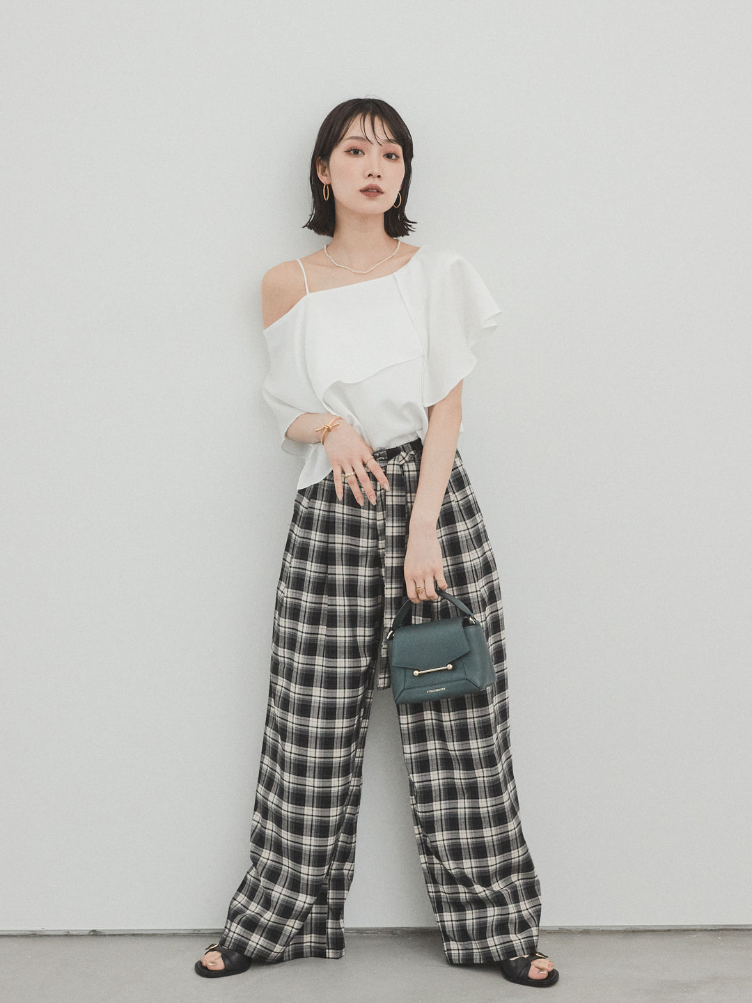 【預購】格紋寬褲/黑色