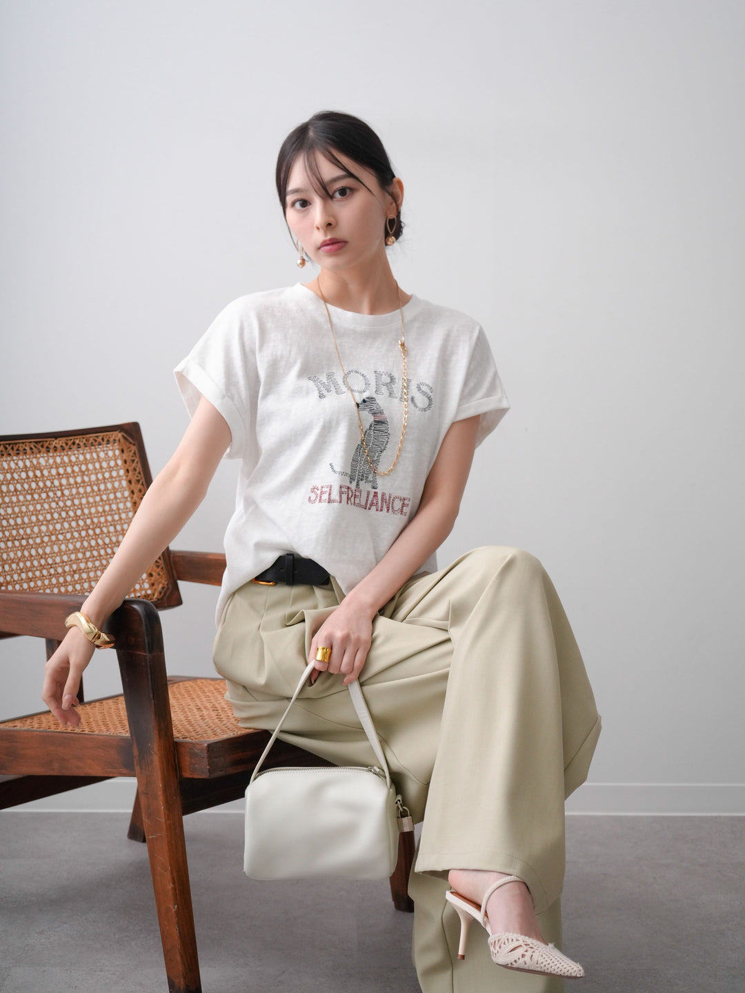 [SET]ドッグエンブロイダリーTEE+アシンメトリーベルトタックワイドパンツ(2set)