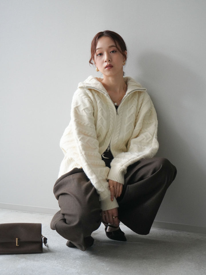 [SET]ケーブル編みハイネックZIPニットカーディガン+アニマル柄ベルト付きウールタッチワイドパンツ(2set)