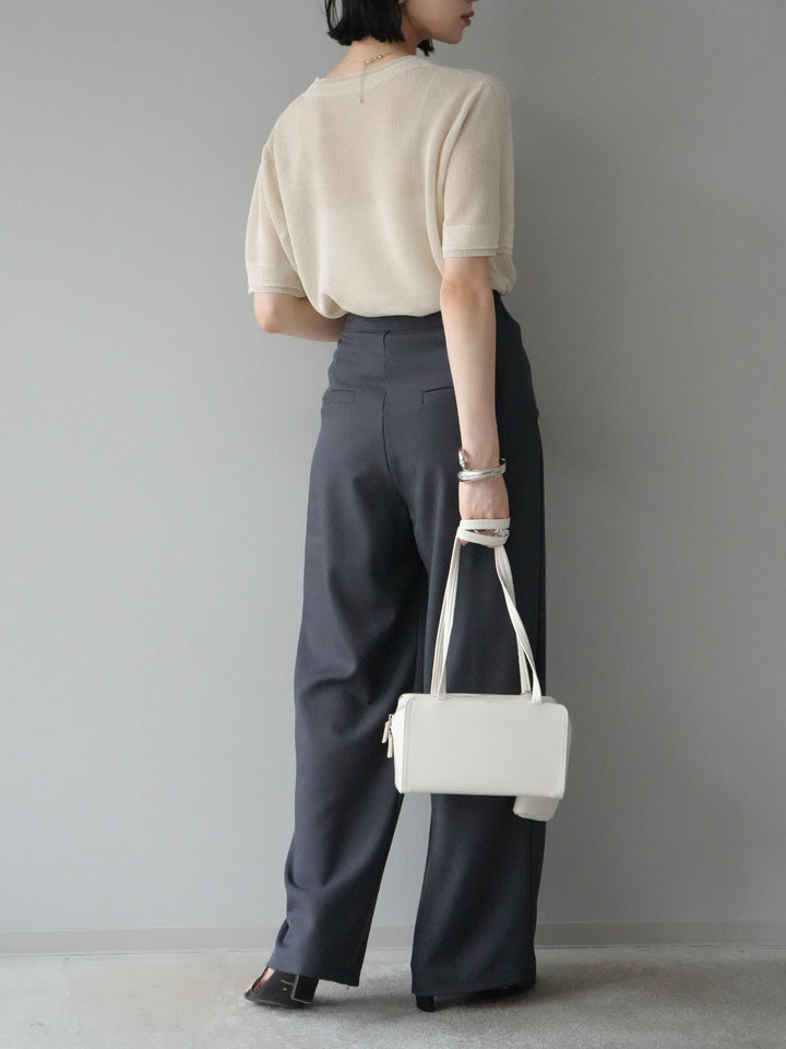 [SET]リネンタッチ配色二重臼ハーフニットトップス+ウエスト巻きデザインワイドパンツ(2set)