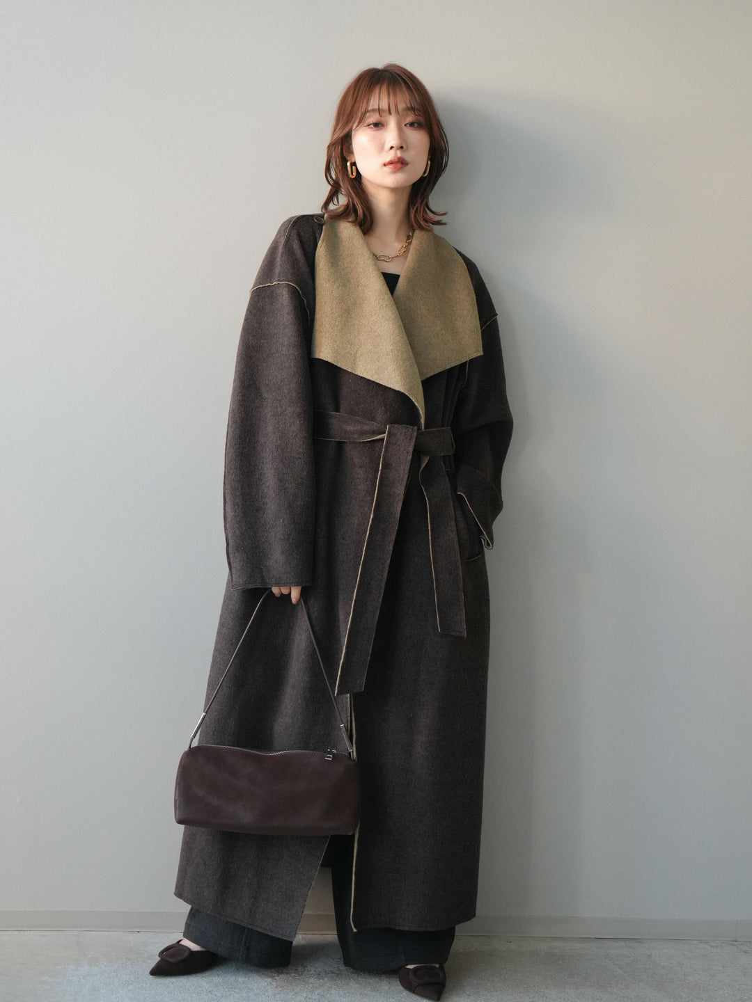 [予約]ベルト付裏起毛センターシームカーブパンツ/charcoal