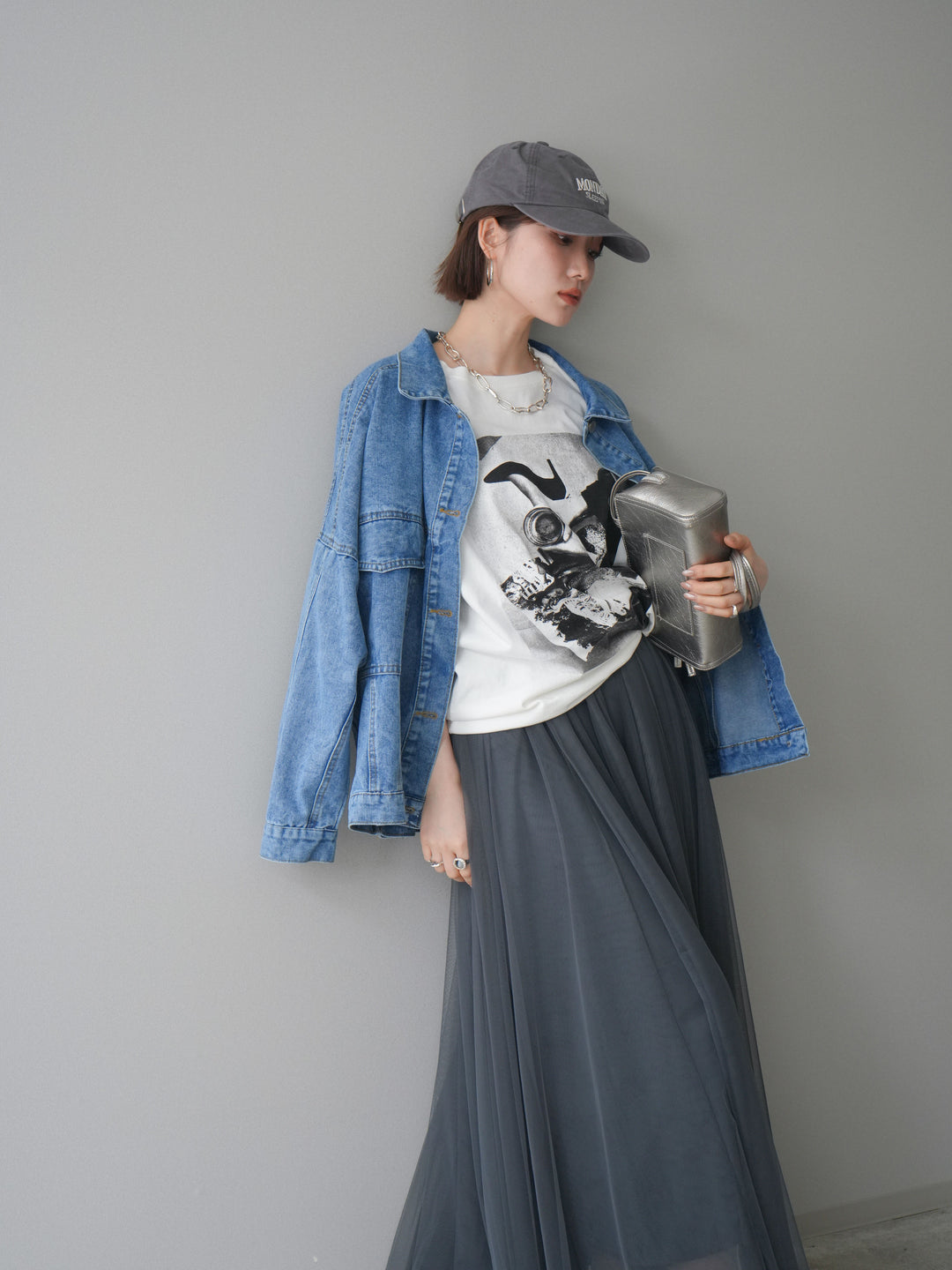 [SET]ルーズシルエットデニムジャケット+チュールボリュームスカート(2set)