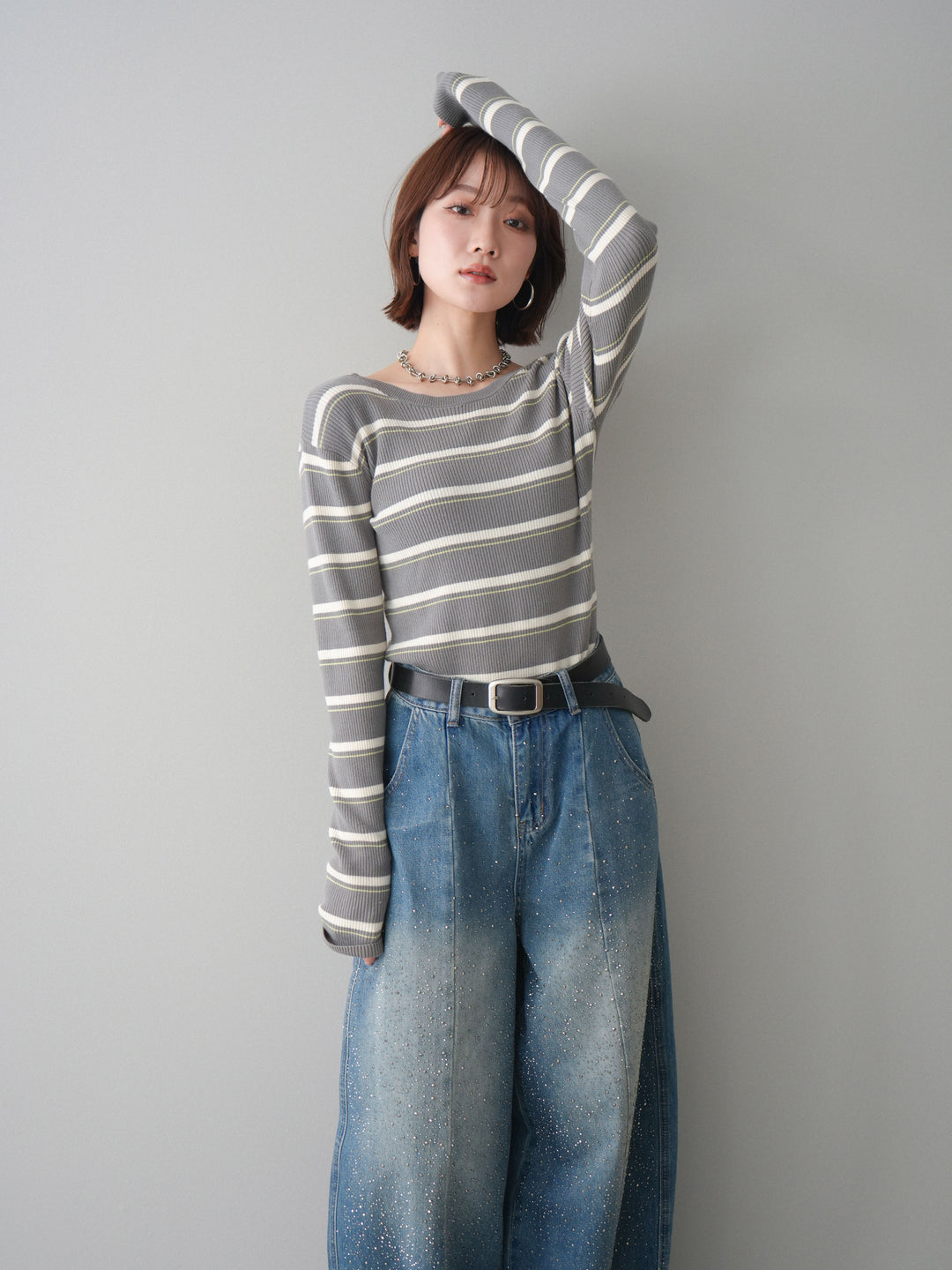 [予約]バックオープンテレコリブマルチボーダートップス/gray