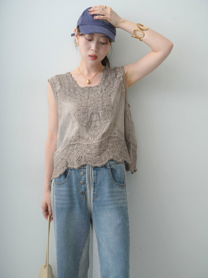 [SET]アンティークレースノースリトップス+デニム切替スウェットパンツ(2set)
