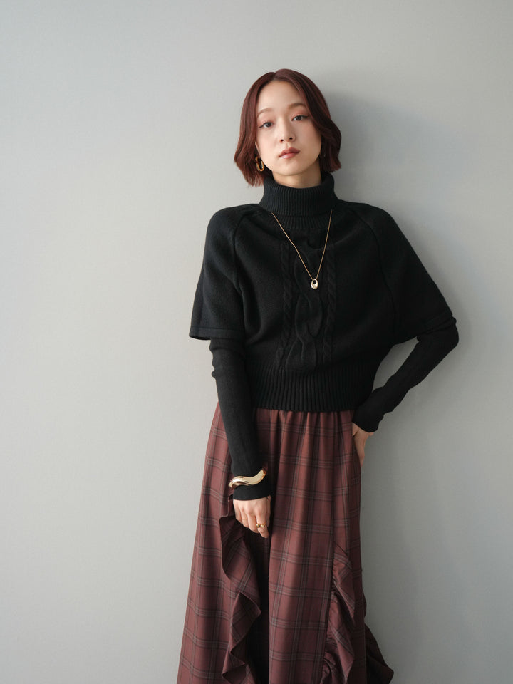 [予約]ケーブル編みタートルハーフスリーブニットアンサンブル/black