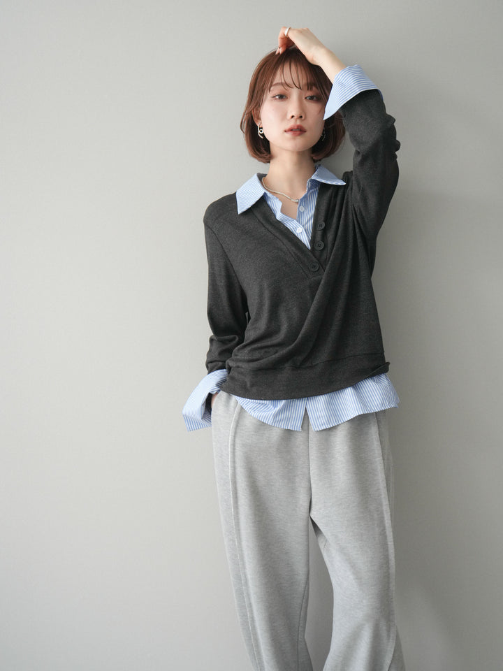 [予約]シャツレイヤードデザインカットプルオーバー/charcoal
