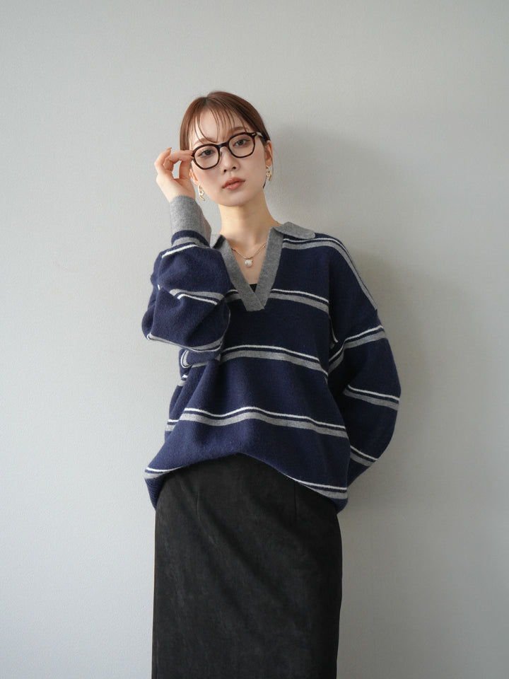 [SET]ポロ襟スキッパーボーダーニットプルオーバー+スウェードIラインスカート(2set)