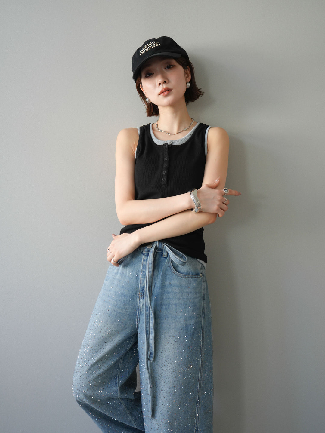 [SET]配色リブヘンリータンクトップ+ウエストベルトビジューワイドデニムパンツ(2set)