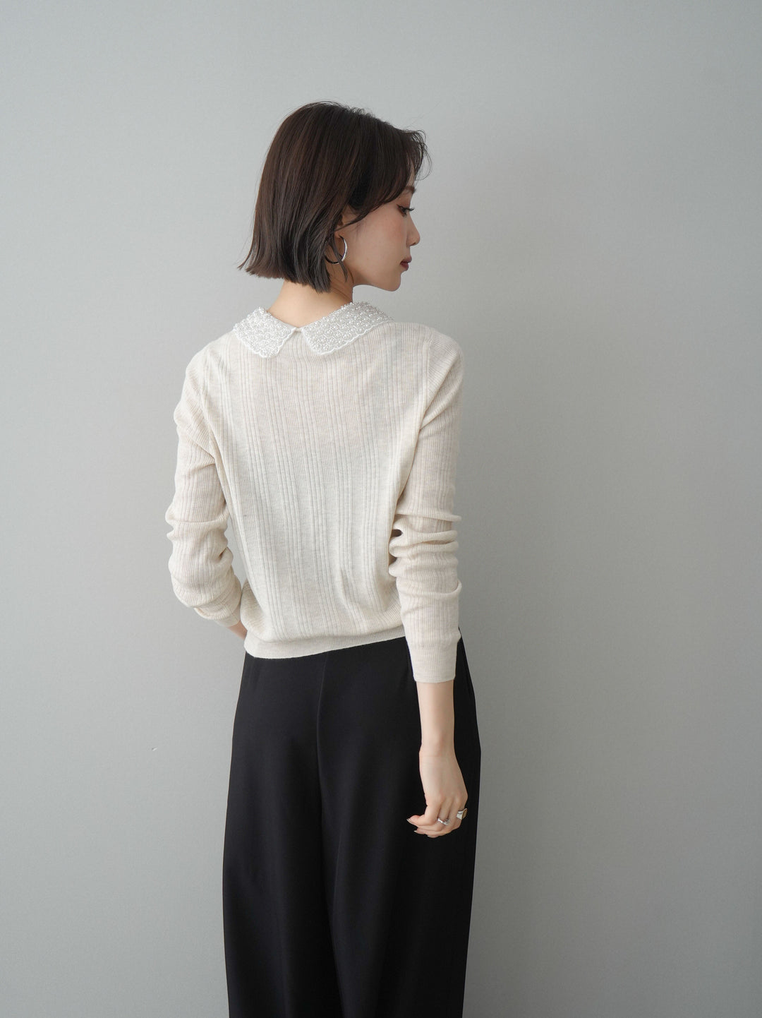 [SET]ビジュー襟パールボタンニットカーディガン+編み込みベルト付タックワイドパンツ(2set)