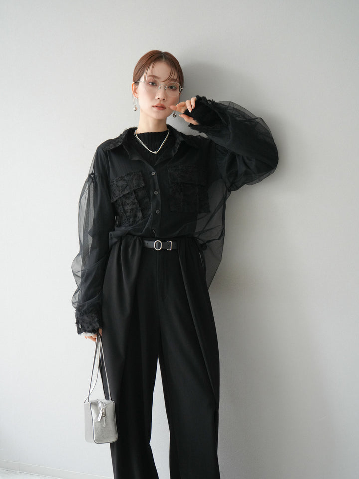 [SET]フリンジジャガード×チュールレイヤードシャツ+アームシャギーランダムリブニットトップス+ベルト付タックワイドパンツ(3set)