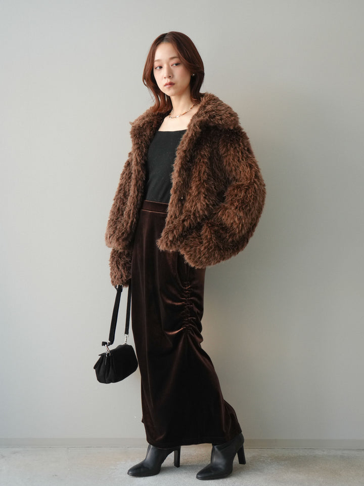 [SET]フェイクファー襟付きショートブルゾン+ギャザーベロアスカート(2set)