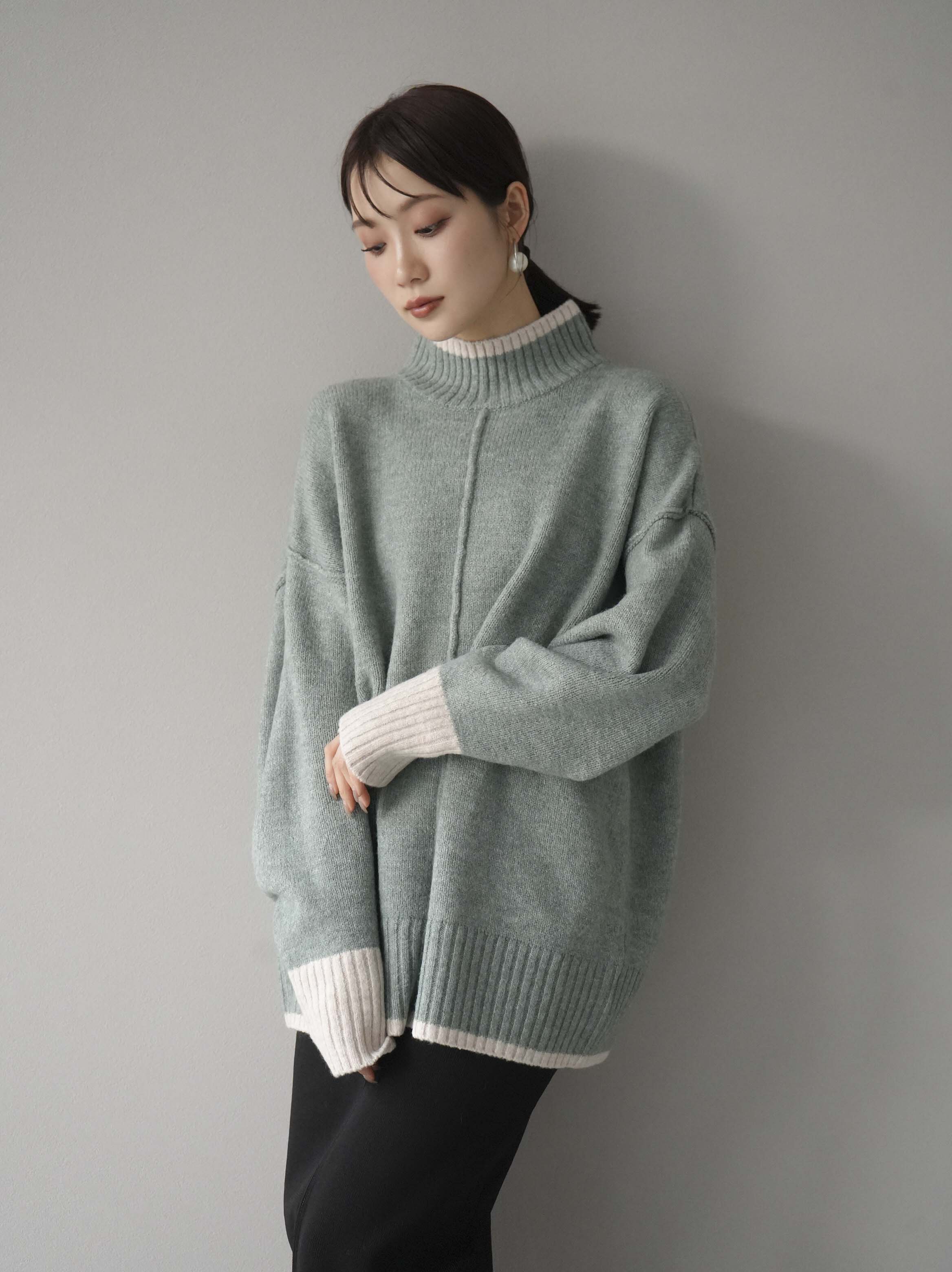 SET]配色ハイネックニットプルオーバー+フロントジップニットタイト