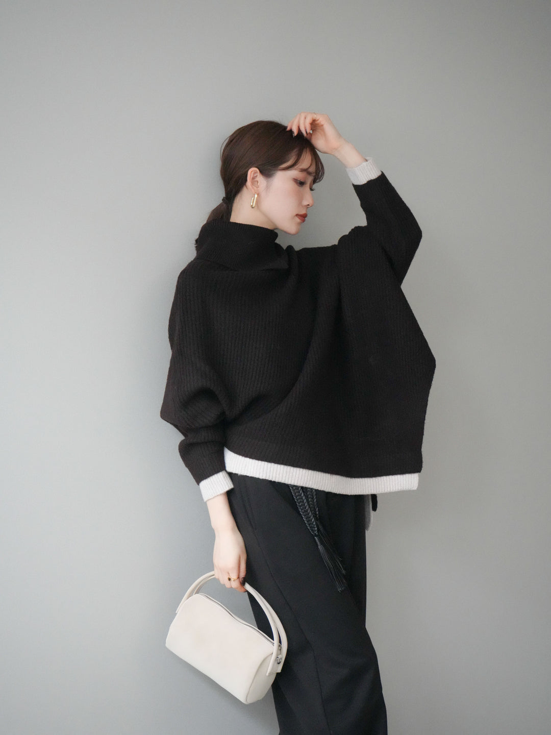 [予約]配色アシンメトリードルマンニットプルオーバー/brown