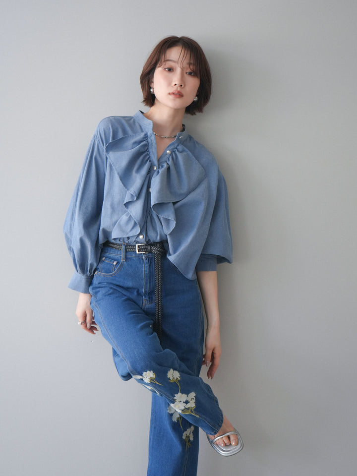 [SET]ラッフルフレアショートブラウス+フラワー刺繍ストレートデニム(2set)