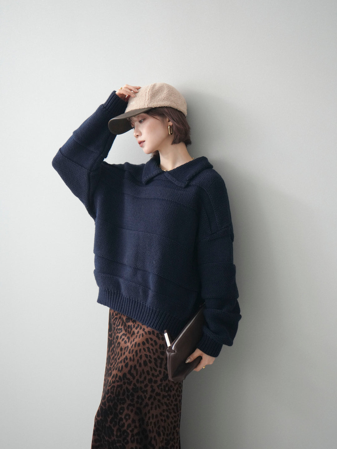 [予約]襟付きボーダー編みニットプルオーバー/navy
