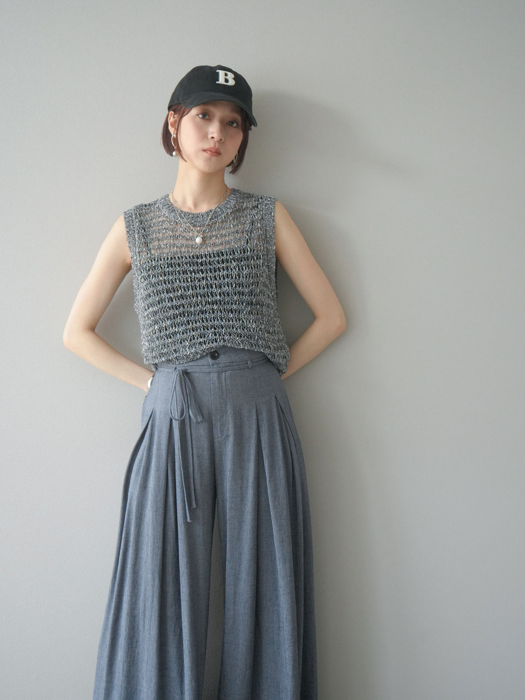 [予約]ミックスヤーン透かし編みニットタンクトップ/ブラック