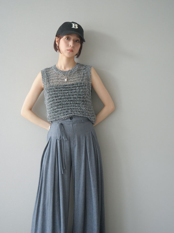 [予約]ミックスヤーン透かし編みニットタンクトップ/ブラック