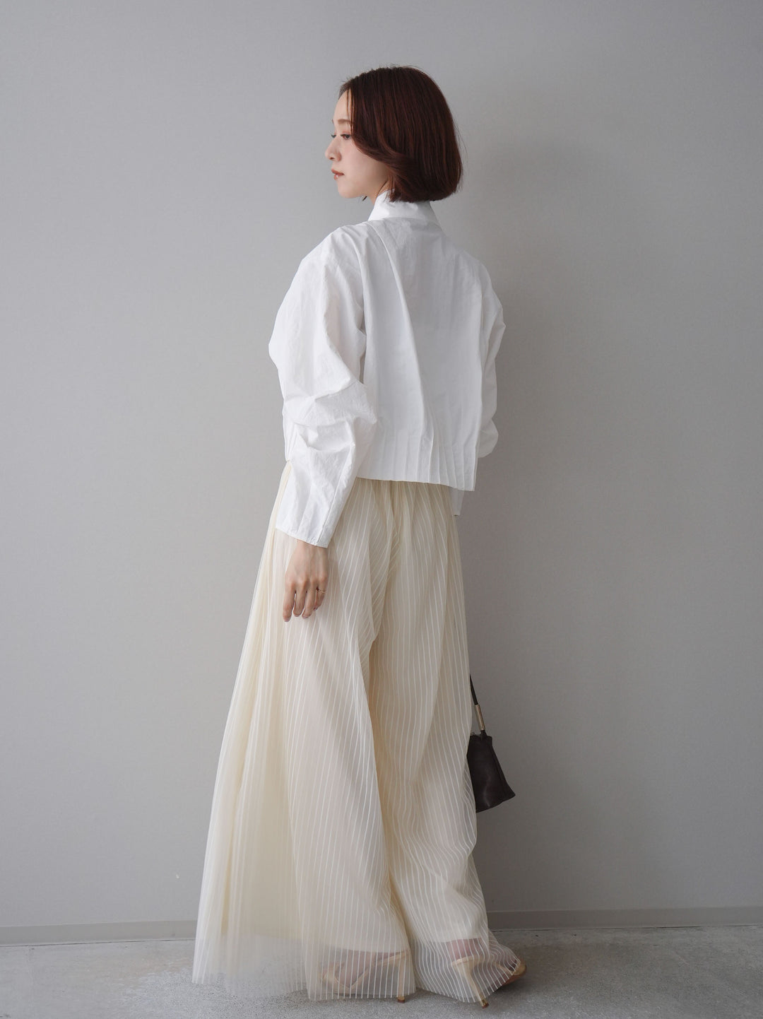 [SET]ボウタイ裾プリーツライトジャケット+ストライプチュールボリュームバギーパンツ(2set)