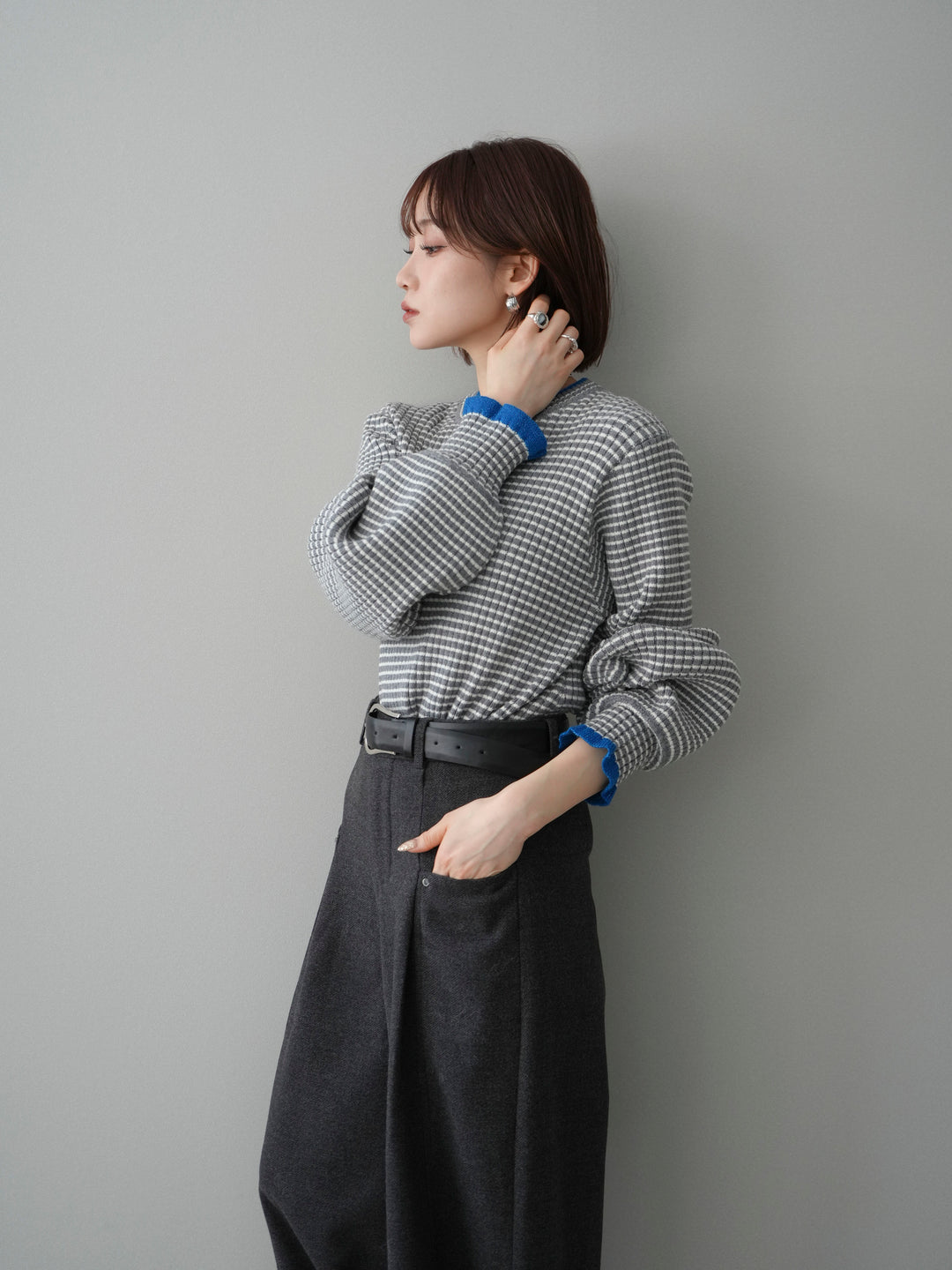 [SET]ラメ異素材ボーダーリブニットプルオーバー+ベルト付起毛コクーンパンツ(2set)