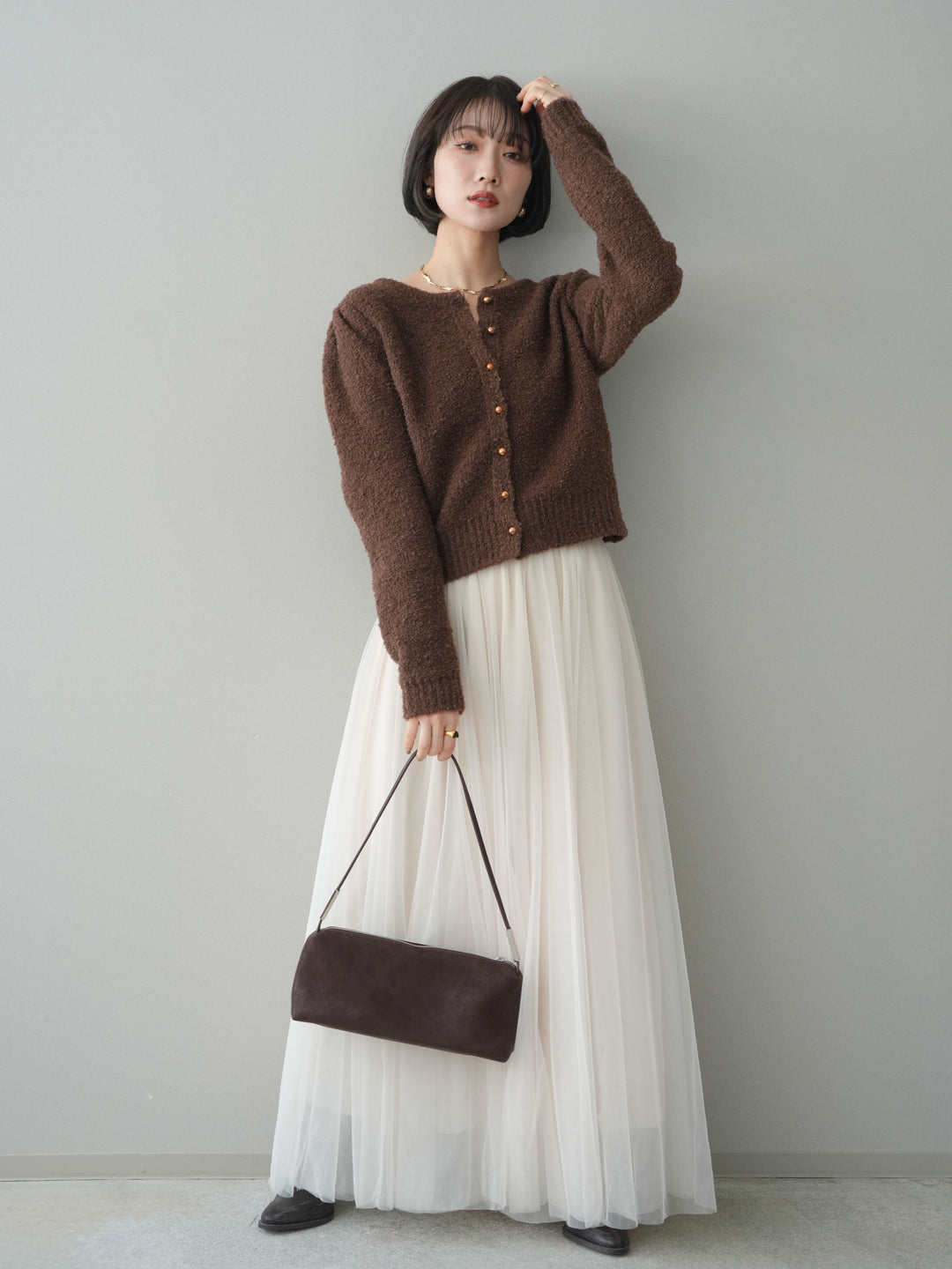 [SET]ゴールドボタンブークレニットカーディガン+チュールボリュームスカート(2set)